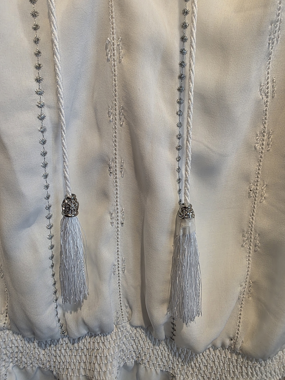 White House Black Market White V-Neck Tassel Smocked Mini Dress - Picture 4 of 9